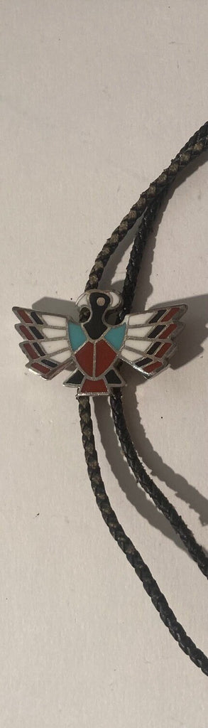 Vintage Metal Bolo Tie, Nice Silver Eagle Bird with Nice Enamel Design, Native Nice Western Design, 2 1/4" x 1 1/2", Quality, Heavy Duty