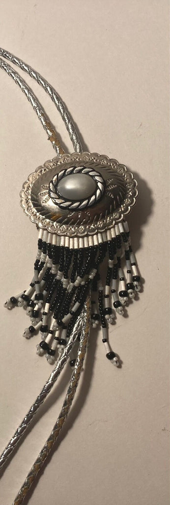 Vintage Metal Bolo Tie, Lots of Nice Bead Work, Nice Pearl Stone Design, Nice Design, 5" x 2 1/4", Nice Design, Made in USA, Quality