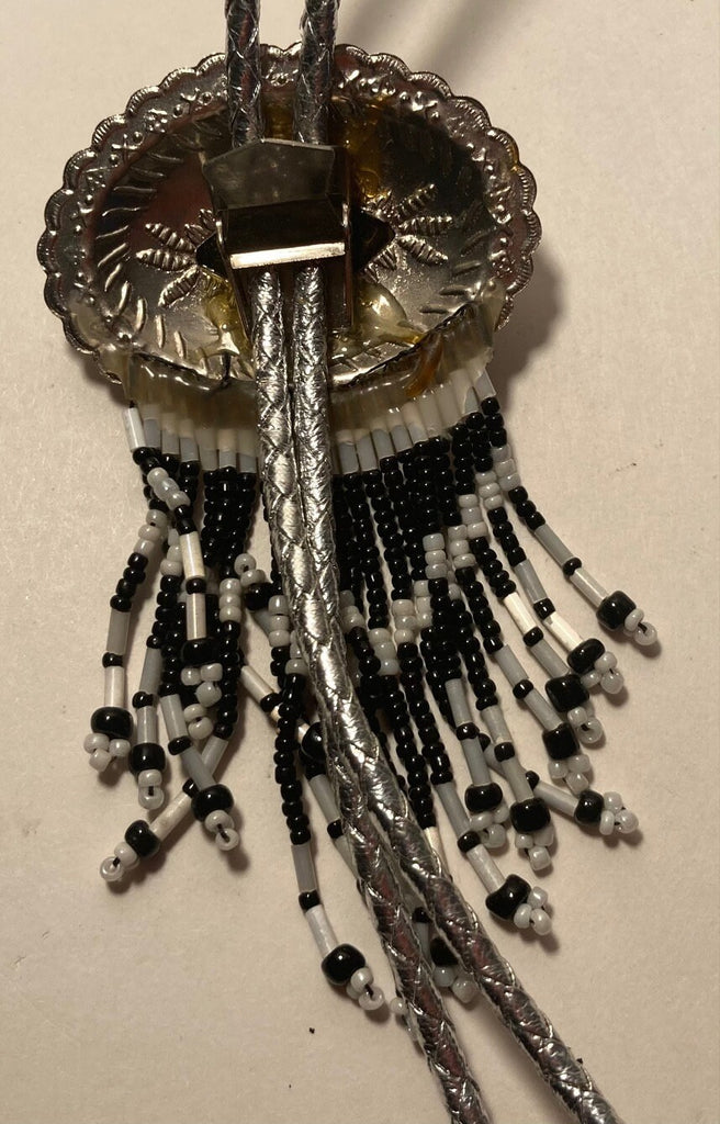 Vintage Metal Bolo Tie, Lots of Nice Bead Work, Nice Pearl Stone Design, Nice Design, 5" x 2 1/4", Nice Design, Made in USA, Quality