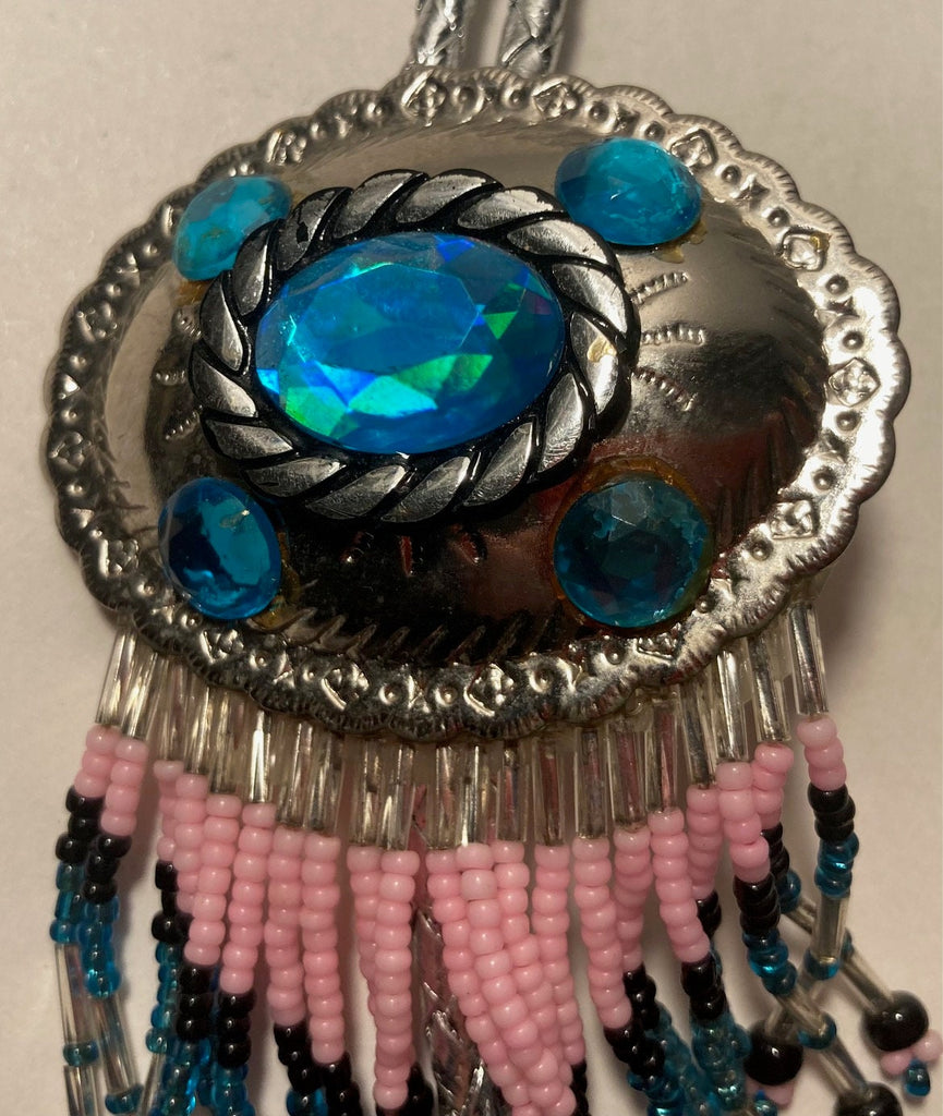 Vintage Metal Bolo Tie, Lots of Nice Bead Work, Nice Blue Stones Design, Nice Design, 5" x 2 1/4", Nice Design, Made in USA, Quality