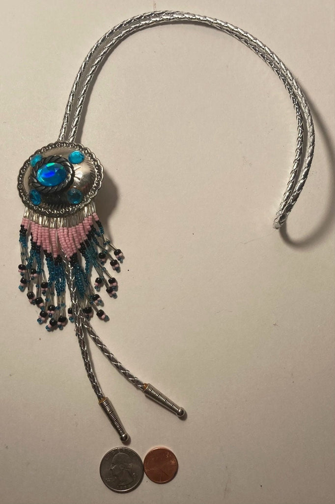 Vintage Metal Bolo Tie, Lots of Nice Bead Work, Nice Blue Stones Design, Nice Design, 5" x 2 1/4", Nice Design, Made in USA, Quality