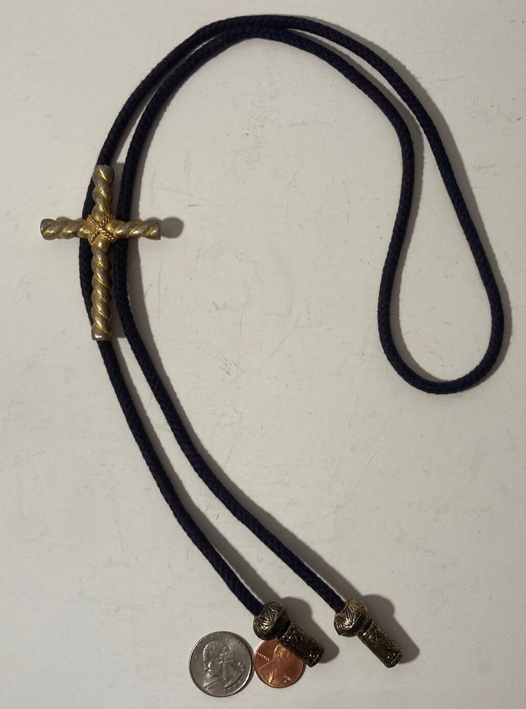 Vintage Metal Bolo Tie, Brass, Cross, Crucifix, Gothic, Religious, Nice Design, 2 3/4" x 1 3/4", Nice Design, Made in USA, Quality