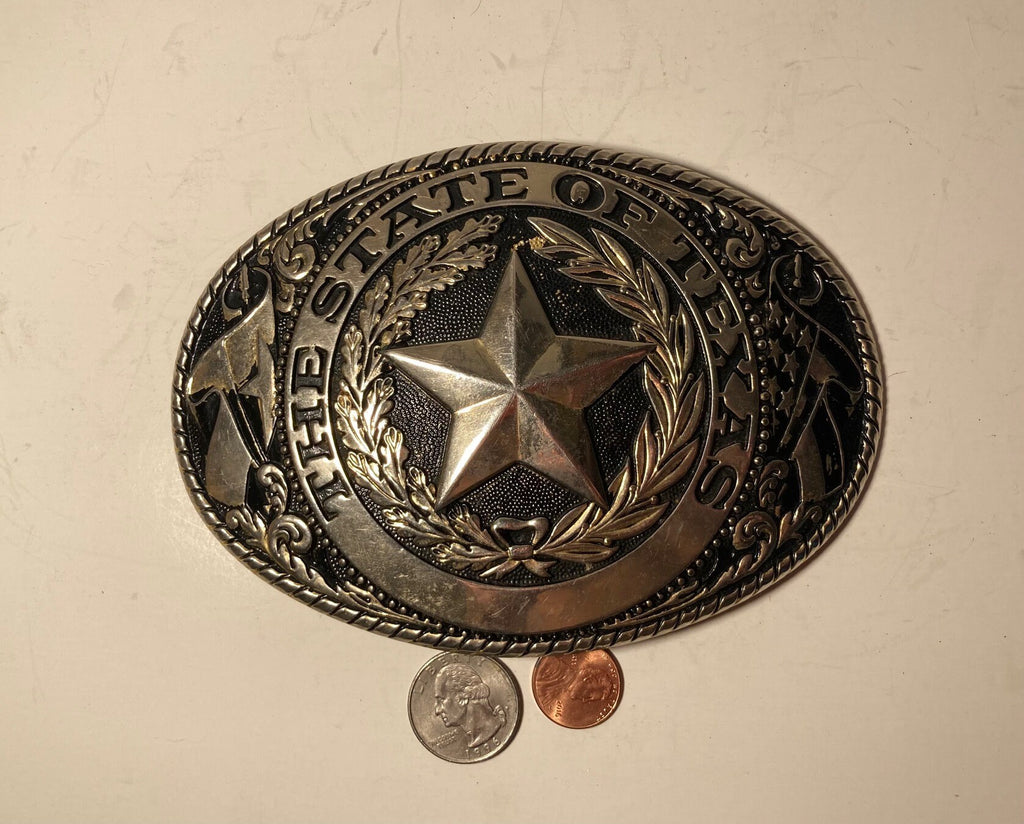 Vintage Metal Belt Buckle, Big Size, The State of Texas, The Austin Collection, Nice Design, 6" x 4 1/4", Heavy Duty