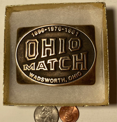 Vintage 1982 Metal Belt Buckle, Brass, The Ohio Match Company, Wadsworth, Ohio, Nice Design, 3" x 2 1/4", Heavy Duty, Quality, Thick Metal