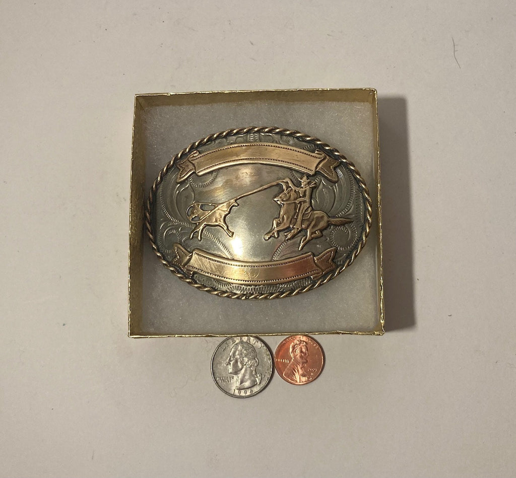 Vintage Metal Belt Buckle, Nickel Silver and Brass, Cow Roping, Wrangling, Cowboy, Nice Design, 3 1/2" x 2 1/2", Heavy Duty, Quality