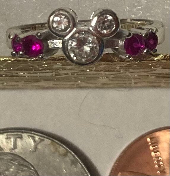 Vintage Sterling Silver Ring, Disney, Mickey Mouse, Mini Mouse, Nice Pink Redish Stones Design, Size 5, Nice Design, Quality, Jewelry