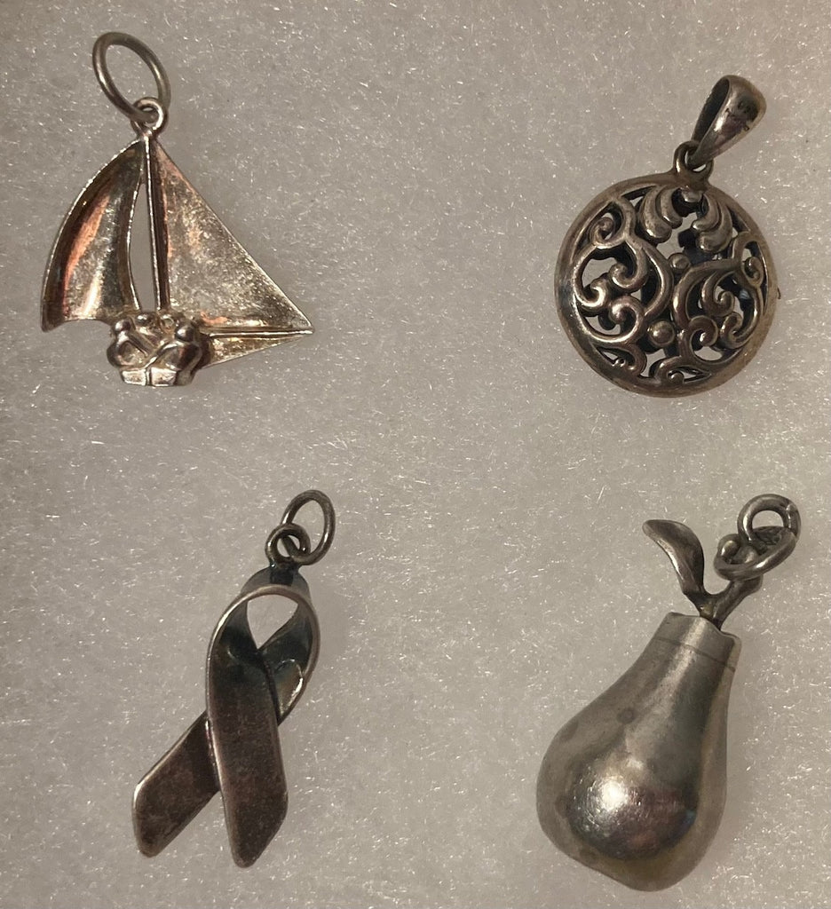 Vintage Lot of 4 Sterling Silver Pendants, Charms, Sailboat, Ribbon, Nice Designs, Quality, Jewelry, 0724, Accessory, 925, Clothing