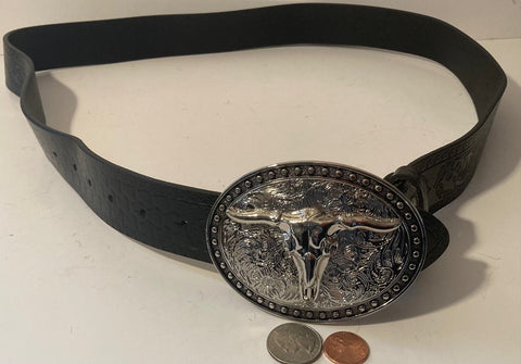 Vintage Leather Belt and Longhorn Bull Buckle, Hand Tooled, Heavy Duty, Quality, Size 38 to 44, Country and Western, Western Wear