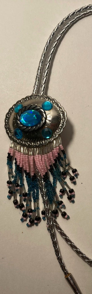 Vintage Metal Bolo Tie, Lots of Nice Bead Work, Nice Blue Stones Design, Nice Design, 5" x 2 1/4", Nice Design, Made in USA, Quality