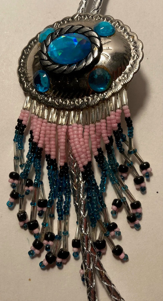 Vintage Metal Bolo Tie, Lots of Nice Bead Work, Nice Blue Stones Design, Nice Design, 5" x 2 1/4", Nice Design, Made in USA, Quality