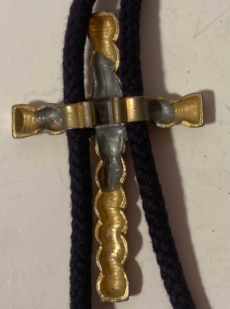 Vintage Metal Bolo Tie, Brass, Cross, Crucifix, Gothic, Religious, Nice Design, 2 3/4" x 1 3/4", Nice Design, Made in USA, Quality