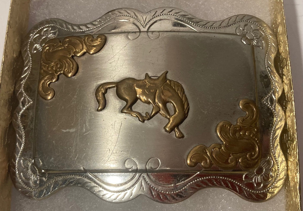 Vintage Metal Belt Buckle, Nickel Silver and Brass, Horse, Nice Design, 3 1/2" x 2 1/2", Heavy Duty, Quality, Thick Metal, Made in USA