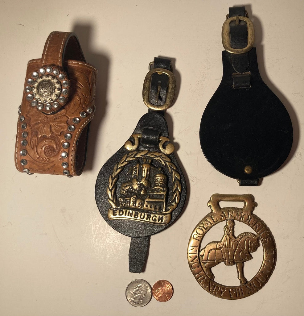Vintage Lot of Western Items, Pouch, Holder, Leather, Brass, Nice Designs, Heavy Duty, Quality, Fashion, Western Wear