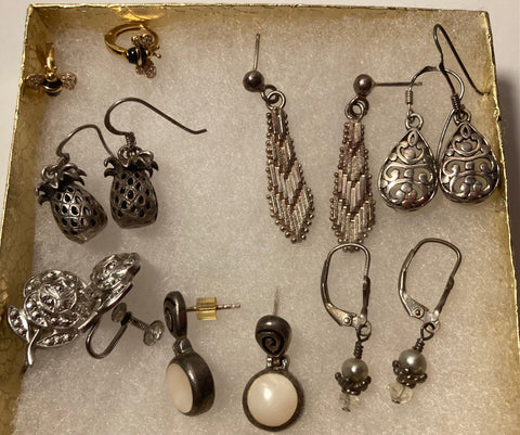 Vintage Lot of 7 Sterling Silver Earring Sets, Pearls, Pineapples, Butterflies