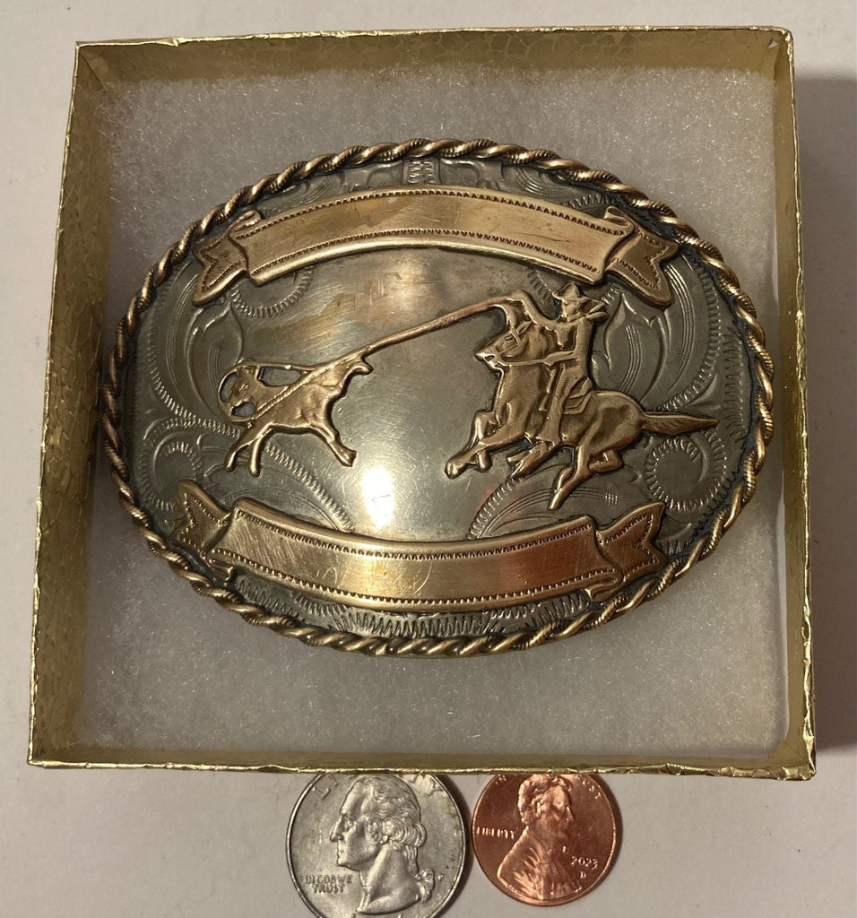 Vintage Metal Belt Buckle, Nickel Silver and Brass, Cow Roping, Wrangling, Cowboy, Nice Design, 3 1/2" x 2 1/2", Heavy Duty, Quality