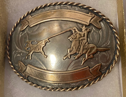 Vintage Metal Belt Buckle, Nickel Silver and Brass, Cow Roping, Wrangling, Cowboy, Nice Design, 3 1/2" x 2 1/2", Heavy Duty, Quality