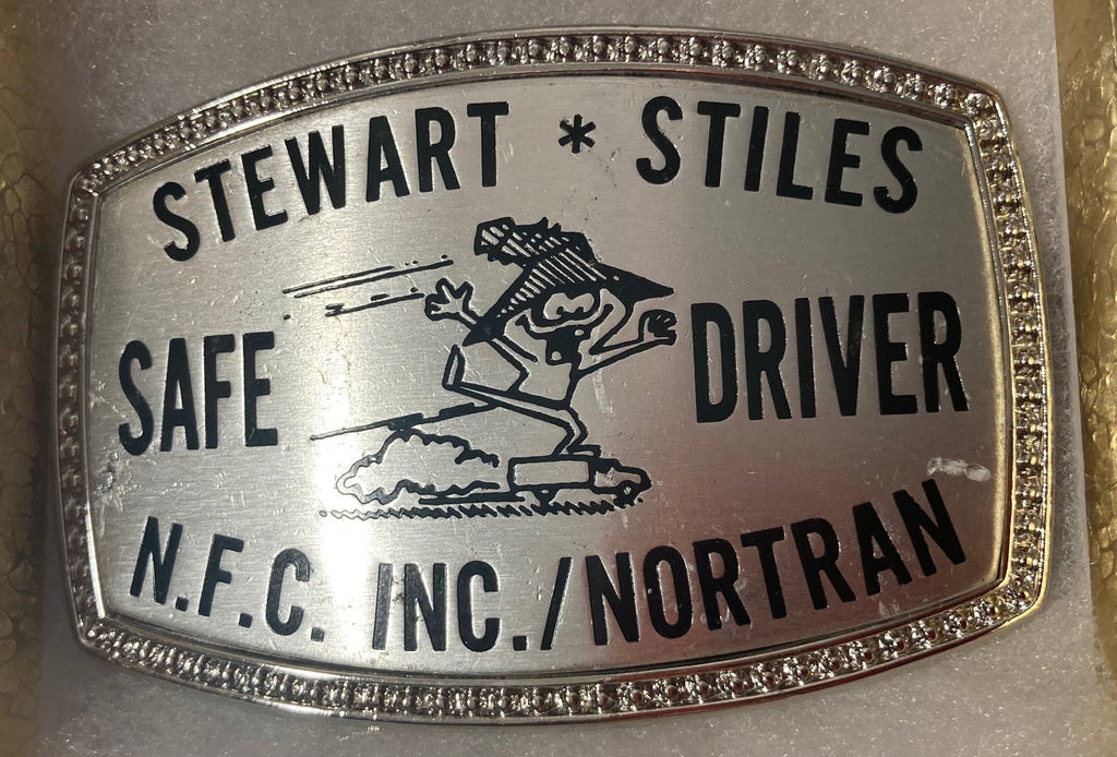 Vintage Metal Belt Buckle, Stewart Stiles, Safe Driver, Nice Design, 3 1/4" x 2 1/4", Heavy Duty, Quality, Thick Metal, Made in USA