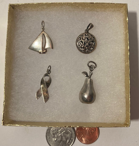 Vintage Lot of 4 Sterling Silver Pendants, Charms, Sailboat, Ribbon, Nice Designs, Quality, Jewelry, 0724, Accessory, 925, Clothing