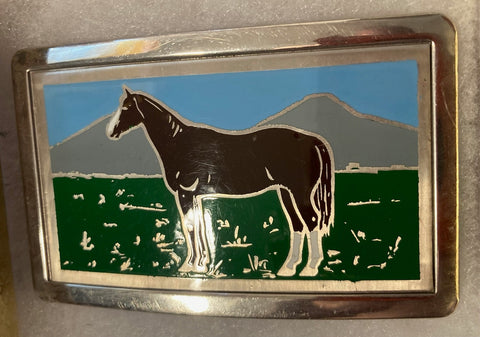 Vintage Metal Belt Buckle, Nice Enamel, Horse Design, Nice Western Design, 3 1/4" x 2", Quality, Heavy Duty, Made in USA, Country & Western