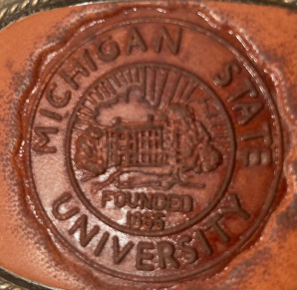 Vintage Metal Belt Buckle, Brass, Leather, Michigan State University, Nice Design, 2 3/4" x 2 1/4", Heavy Duty, Quality