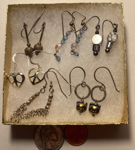 Vintage Lot of 6 Sterling Silver Earring Sets, Nice Designs, Hearts, Stones, Quality, Jewelry, 0666,