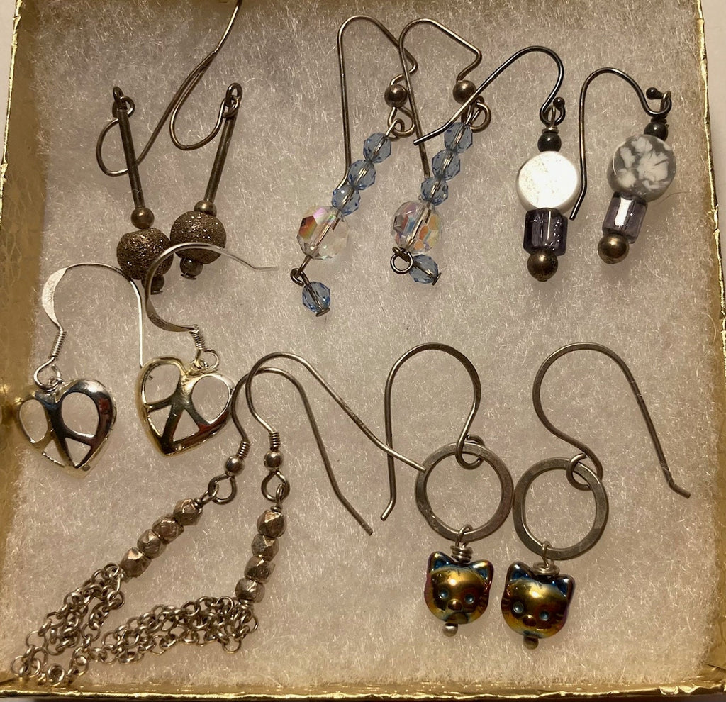 Vintage Lot of 6 Sterling Silver Earring Sets, Nice Designs, Hearts, Stones, Quality, Jewelry, 0666,