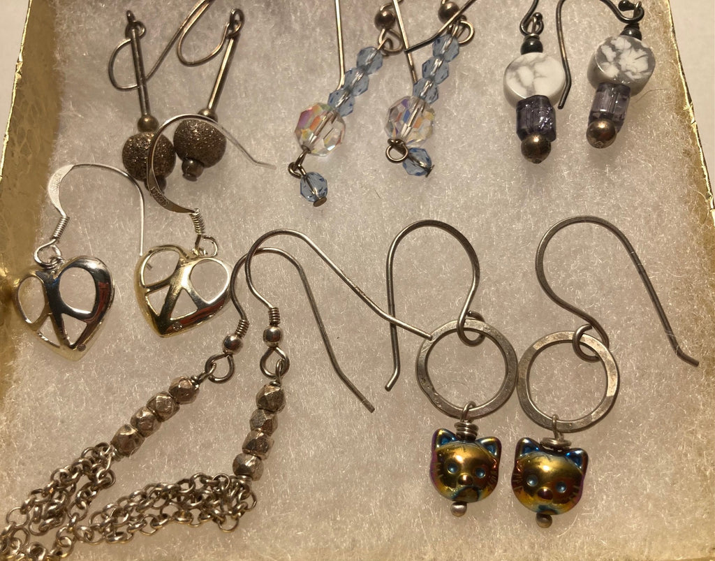 Vintage Lot of 6 Sterling Silver Earring Sets, Nice Designs, Hearts, Stones, Quality, Jewelry, 0666,