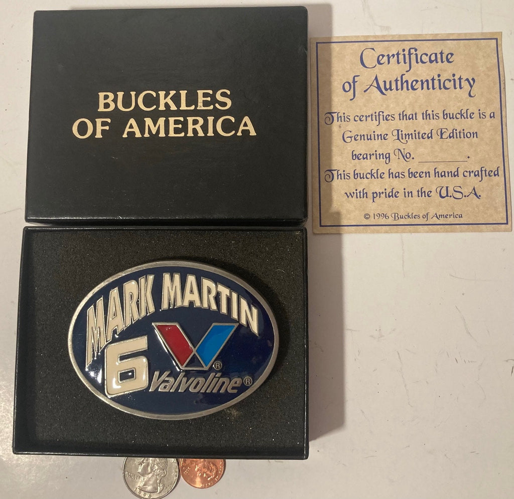 Vintage Metal Belt Buckle, Buckles of America, Mark Martin, 6, Valvoline, Racing, Nice Design, 3 1/4" x 2 1/2", Heavy Duty, Quality