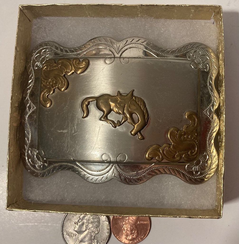 Vintage Metal Belt Buckle, Nickel Silver and Brass, Horse, Nice Design, 3 1/2" x 2 1/2", Heavy Duty, Quality, Thick Metal, Made in USA