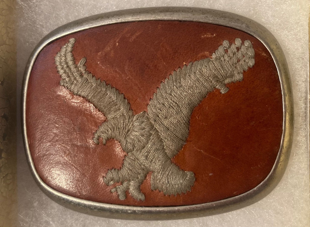 Vintage Metal Belt Buckle, Hand Tooled Leather Eagle, Nice Design, Country & Western, 3 1/4" x 2 1/2", Made in USA, Quality, Heavy