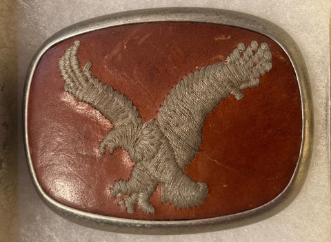 Vintage Metal Belt Buckle, Hand Tooled Leather Eagle, Nice Design, Country & Western, 3 1/4" x 2 1/2", Made in USA, Quality, Heavy