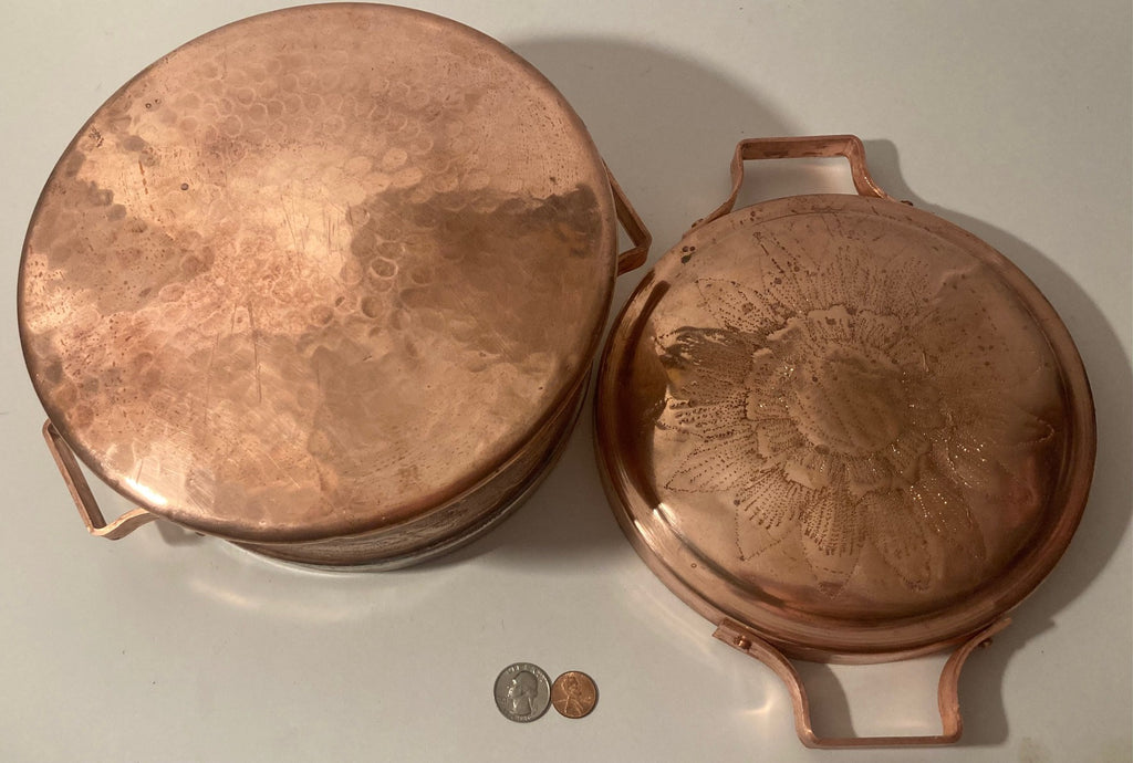 Vintage Metal Copper Pot with Lid, Intricate Design Work, Hammered Metal, Sunflower, Very Heavy Duty, Tin Lined, Cooking, Use It, Round