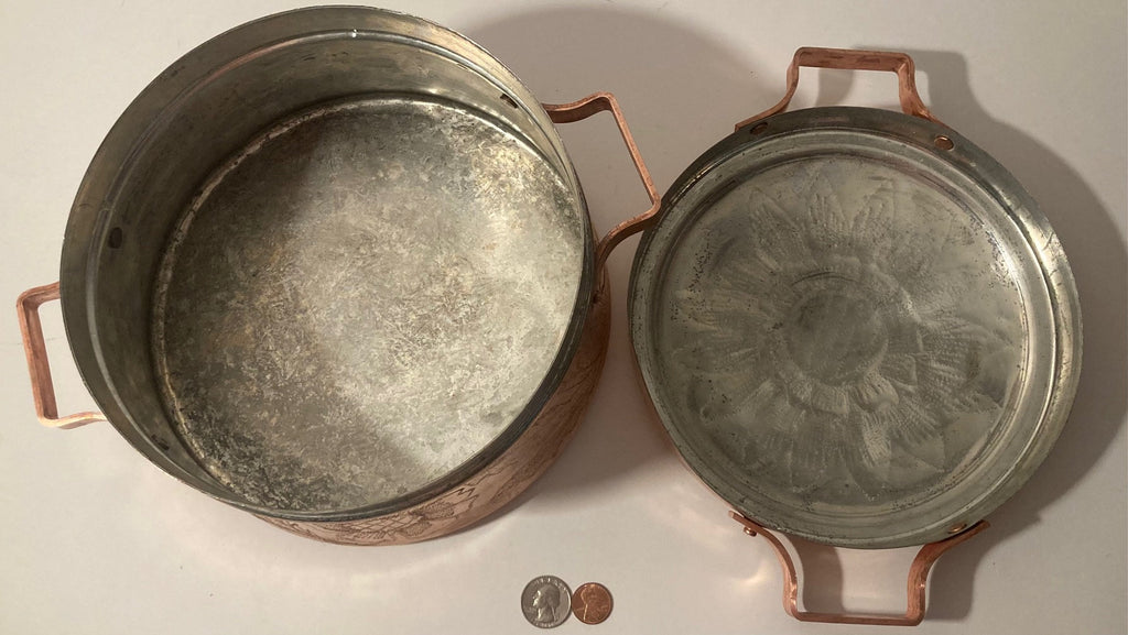Vintage Metal Copper Pot with Lid, Intricate Design Work, Hammered Metal, Sunflower, Very Heavy Duty, Tin Lined, Cooking, Use It, Round