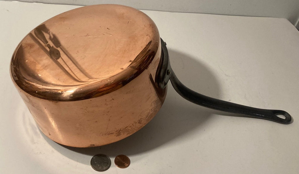 Vintage Metal Copper Cooking Pot, Made in France, Quality, Heavy Duty, Cooking, Hanging Display, Kitchen Decor, 15" Long and 7" Pan Size