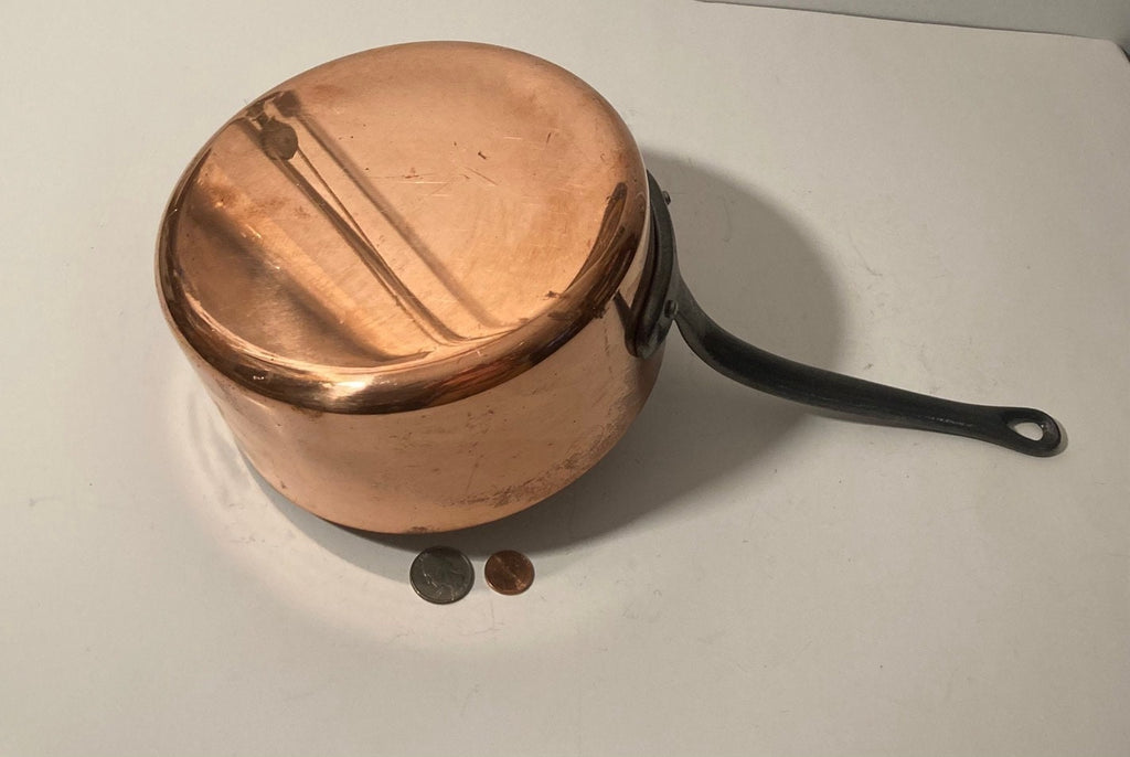 Vintage Metal Copper Cooking Pot, Made in France, Quality, Heavy Duty, Cooking, Hanging Display, Kitchen Decor, 15" Long and 7" Pan Size
