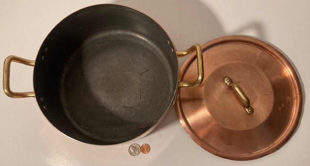 Vintage Metal Copper and Brass Cooking Stock Pot with Lid, Pan, Quality, Heavy Duty