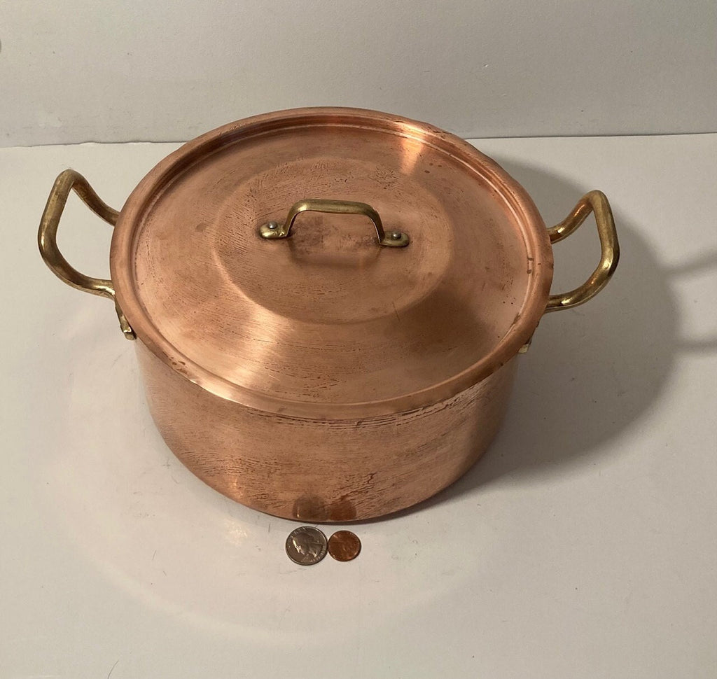 Vintage Metal Copper and Brass Cooking Stock Pot with Lid, Pan, Quality, Heavy Duty