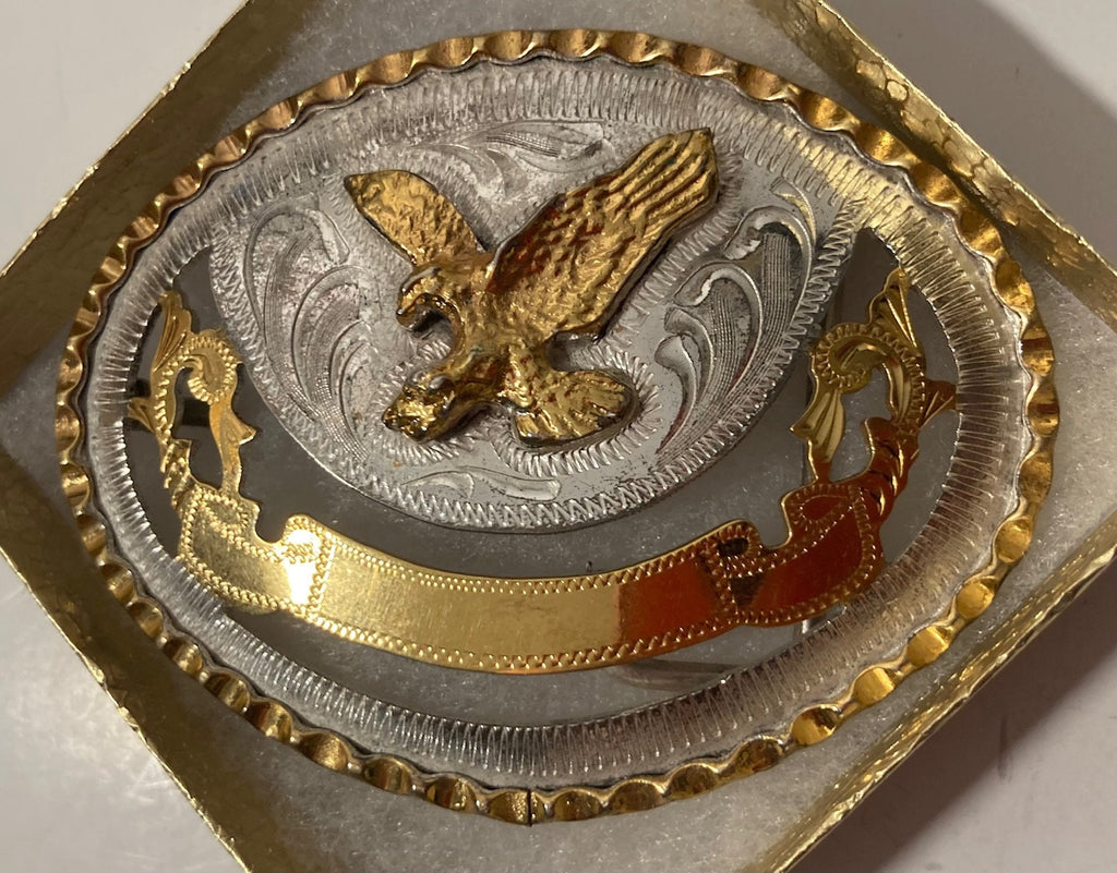 Vintage Metal Belt Buckle, Silver and Brass, Eagle, Bird, Alpaca, Nice Design, 3 3/4" x 2 3/4", Heavy Duty, Quality, Thick Metal