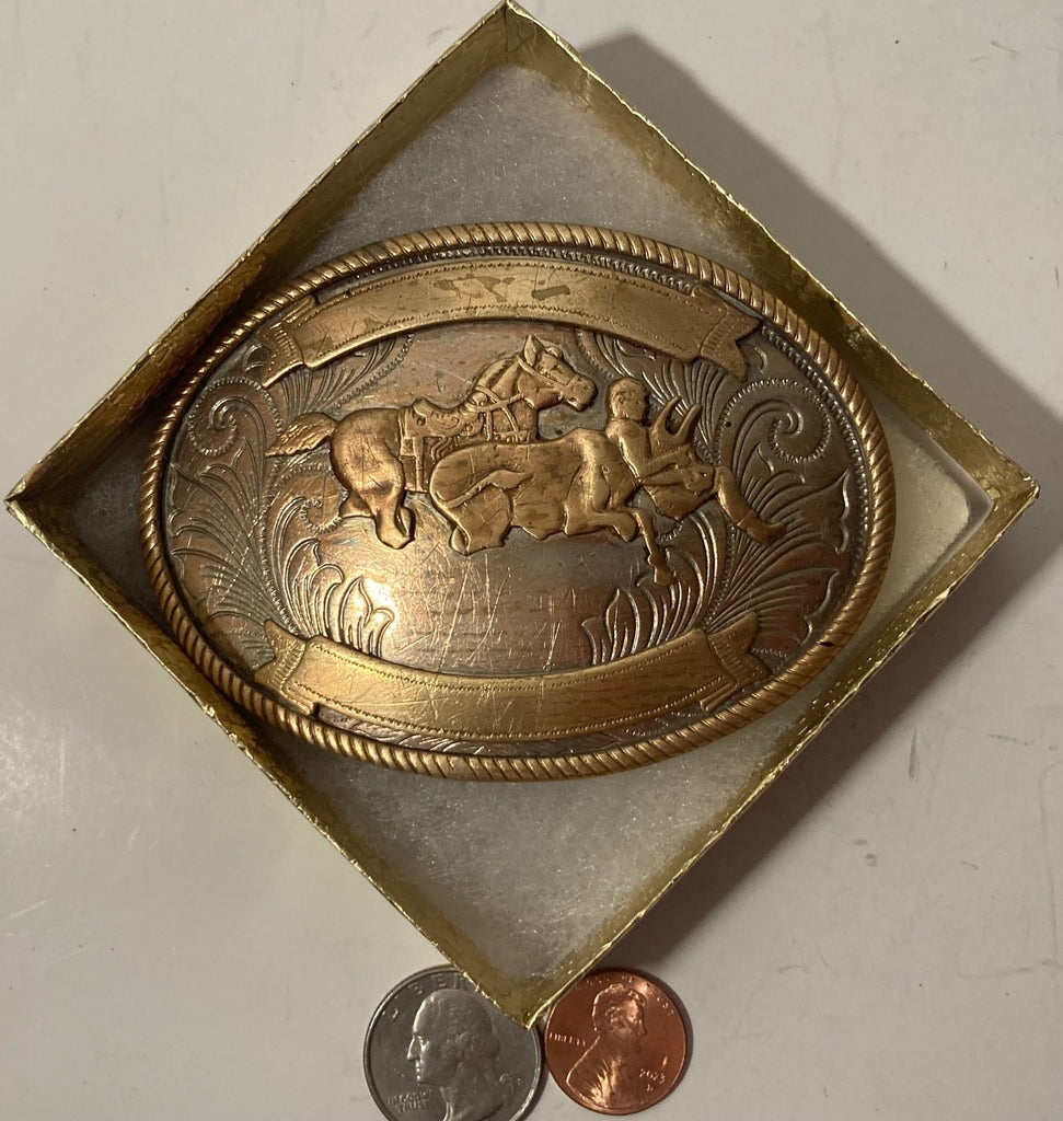 Vintage Metal Belt Buckle, Silver and Brass, Cow Wrestling, Rodeo, Nice Design, 3 3/4" x 2 3/4", Heavy Duty, Quality, Thick Metal