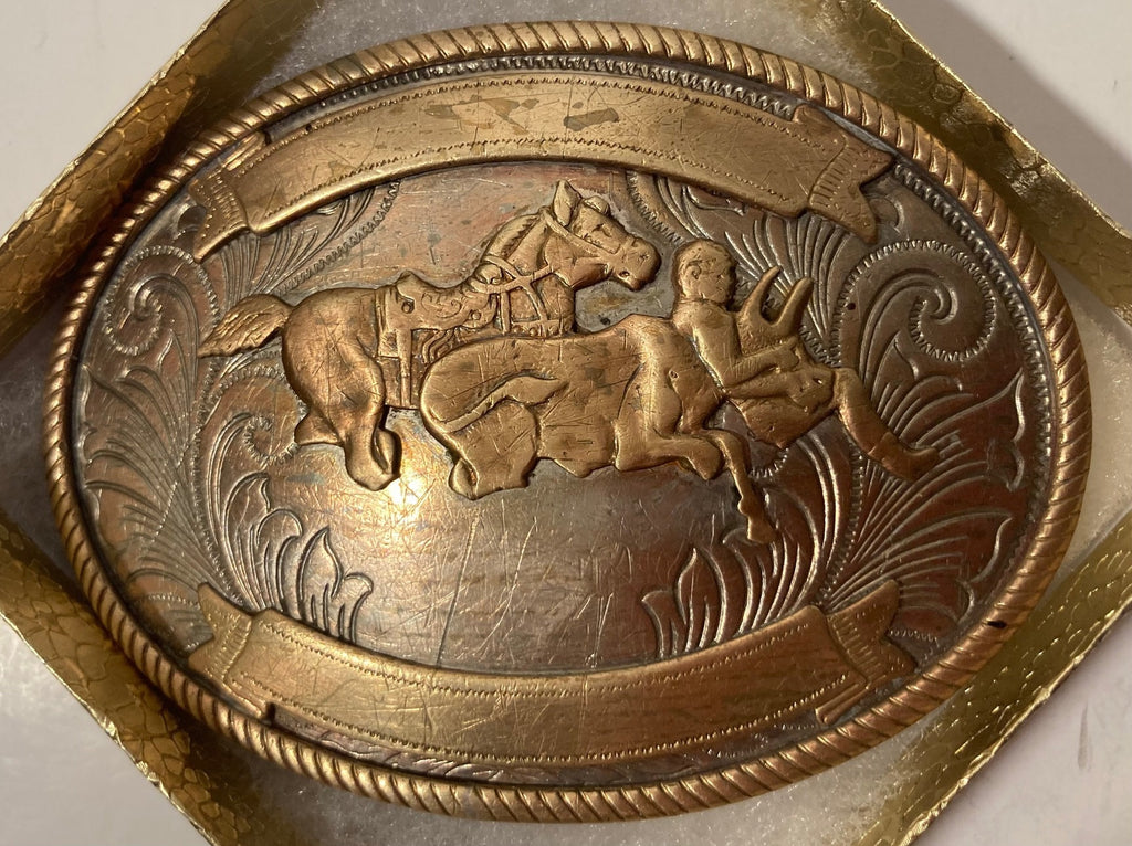 Vintage Metal Belt Buckle, Silver and Brass, Cow Wrestling, Rodeo, Nice Design, 3 3/4" x 2 3/4", Heavy Duty, Quality, Thick Metal