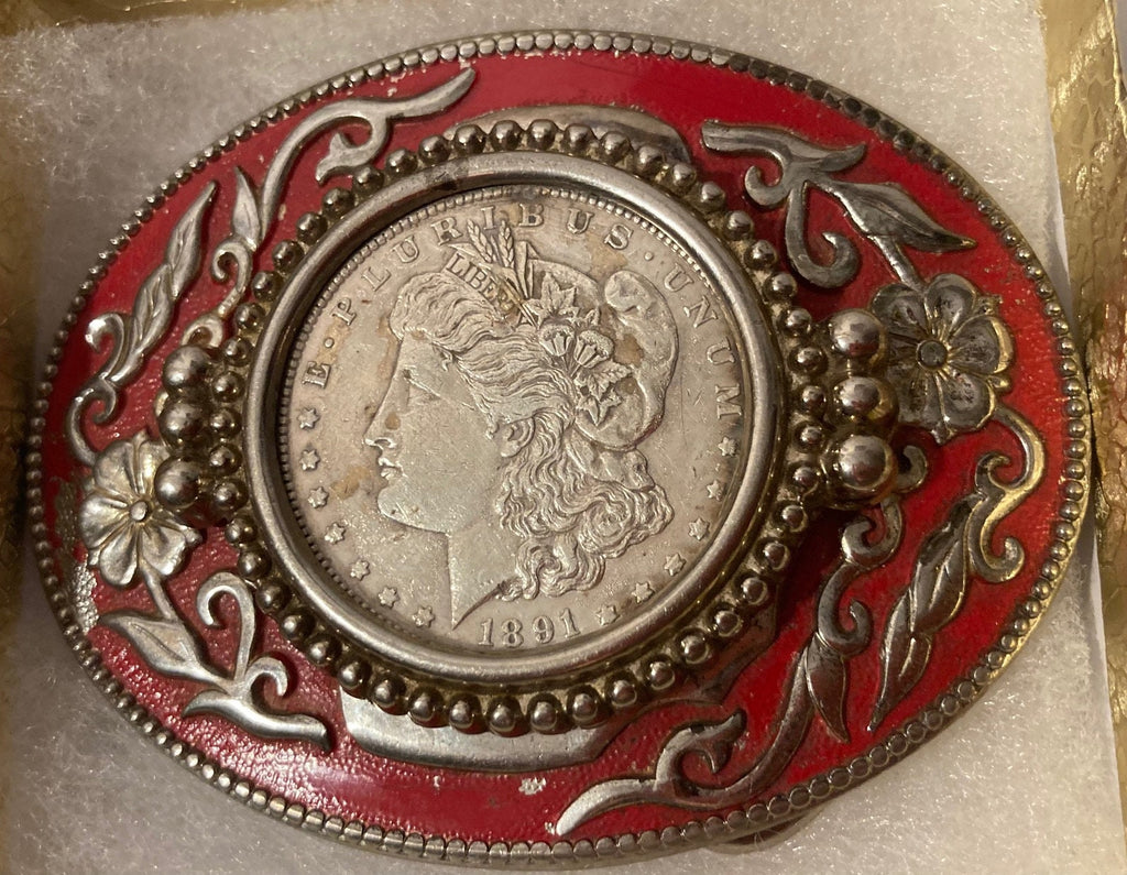 Vintage Metal Belt Buckle, 1891 Silver Morgan Dollar, Interchangeable, Nice Design, 3 1/2" x 2 1/2", Heavy Duty, Quality, Thick Metal