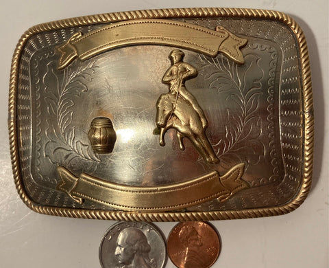 Vintage Metal Belt Buckle, Silver and Brass, Big Size, Barrel Racing, Cowgirl, Cowboy, Rodeo, Quarter Horse, Paint, Country & Western