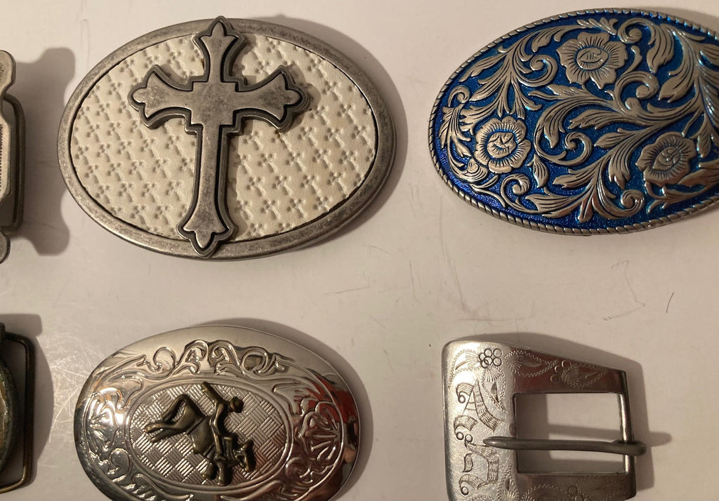 Vintage Lot of 12 Nice Western Style Belt Buckles, Cross, Arrowhead, Native, Cowboy, Rodeo, Country & Western, Art, Resell, For Belts