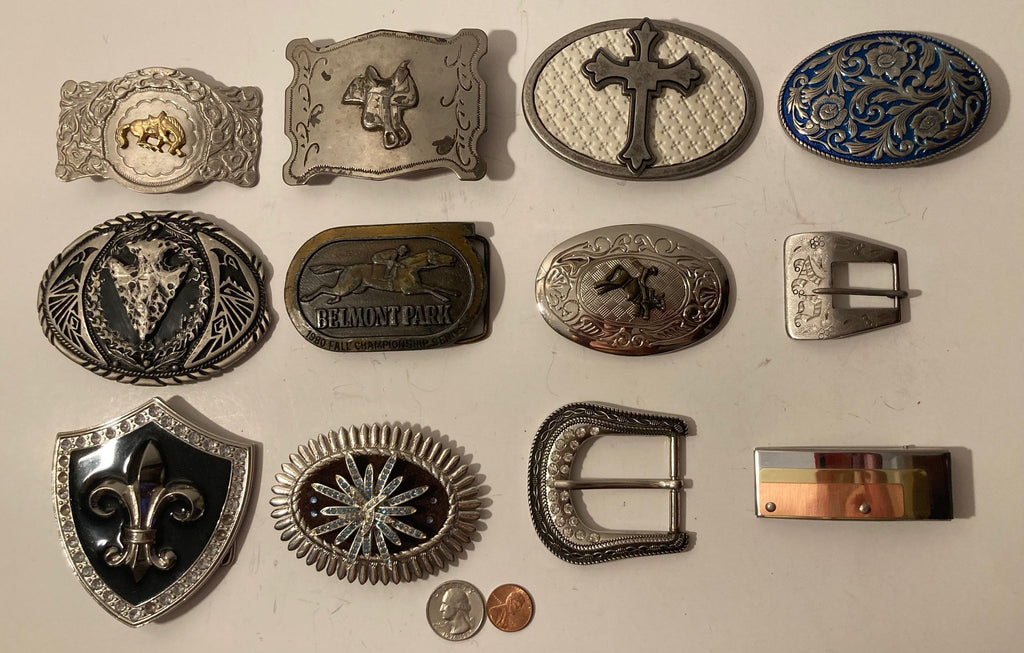 Vintage Lot of 12 Nice Western Style Belt Buckles, Cross, Arrowhead, Native, Cowboy, Rodeo, Country & Western, Art, Resell, For Belts
