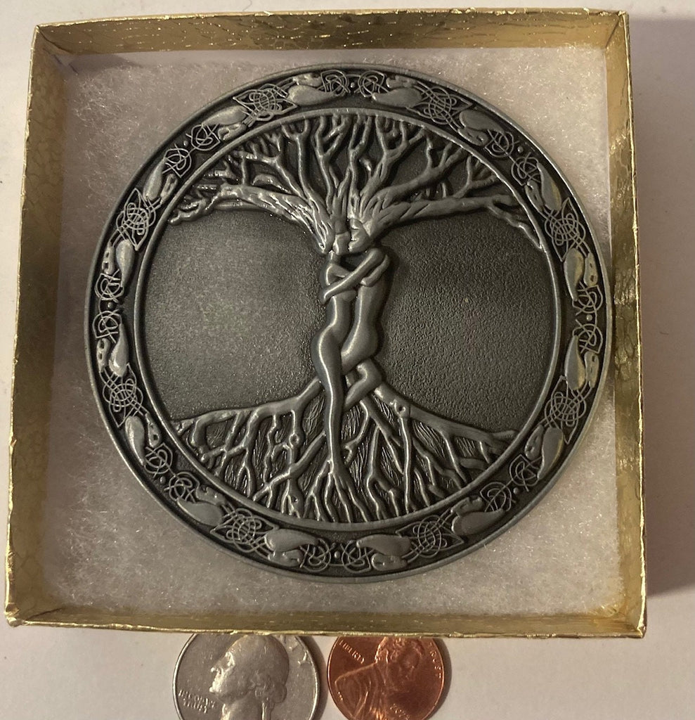 Vintage Metal Belt Buckle, Nice Tree Hugging People Design, Nice Western Design, 3 1/4" x 3 1/4", Quality, Heavy Duty, Made in USA, Country