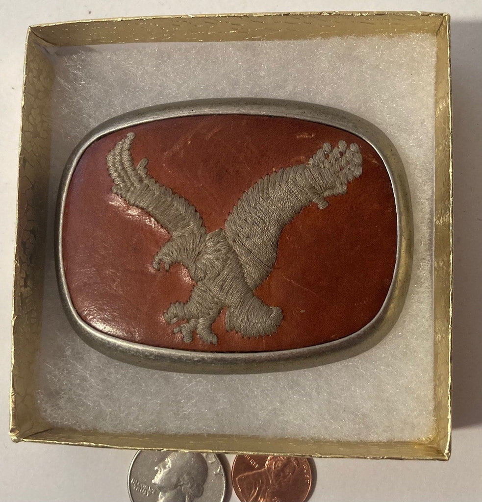 Vintage Metal Belt Buckle, Hand Tooled Leather Eagle, Nice Design, Country & Western, 3 1/4" x 2 1/2", Made in USA, Quality, Heavy