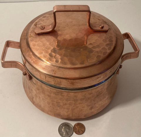 Vintage Metal Copper Pot with Lid, Hammered Metal, Very Heavy Duty, Tin Lined, Cooking, Use It, Round, Kitchen Decor, Hanging Display