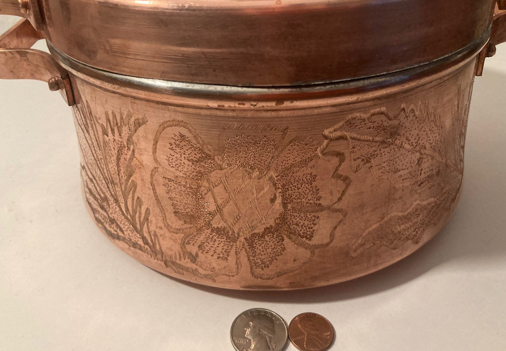Vintage Metal Copper Pot with Lid, Intricate Design Work, Hammered Metal, Sunflower, Very Heavy Duty, Tin Lined, Cooking, Use It, Round