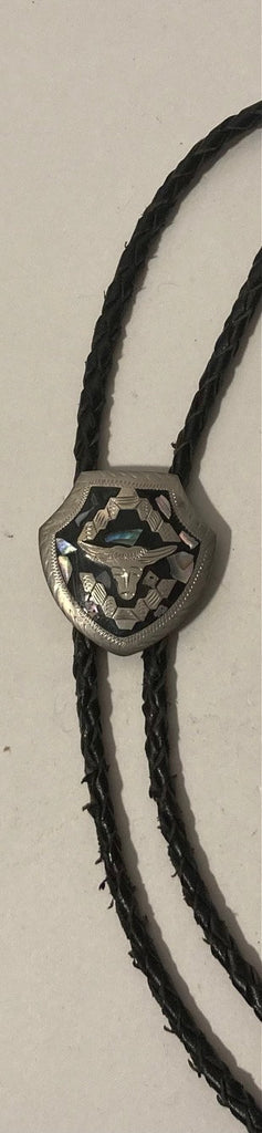 Vintage Metal Bolo Tie, Nice Silver and Abalone Design, Longhorn, Bull, Nice Western Design, 1 1/2" x 1 1/2", Quality, Heavy Duty, Country