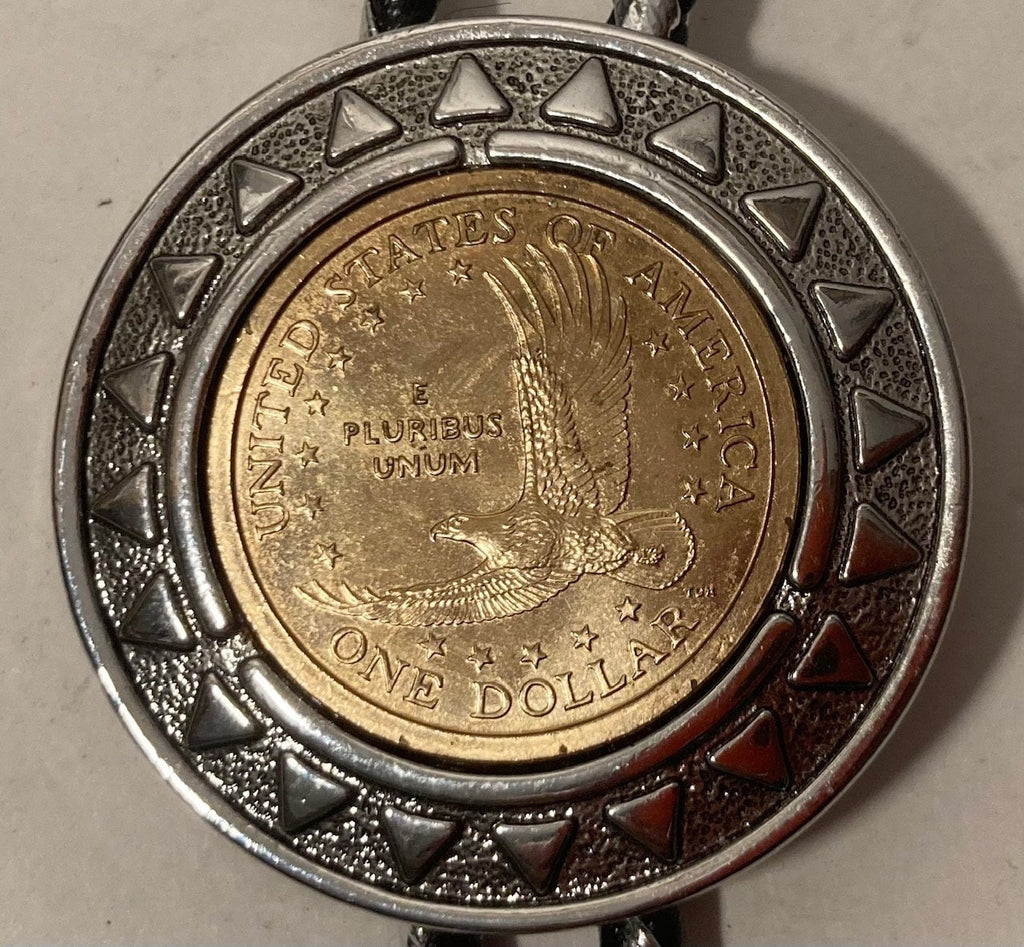 Vintage Metal Bolo Tie, Nice One Dollar Coin, Eagle Design, US Mint, Nice Western Design, 1 3/4" x 1 3/4", Quality, Heavy Duty, Made in USA